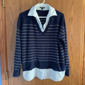 Hillary Radley Navy Striped V-Neck Sweater with White Collar size large